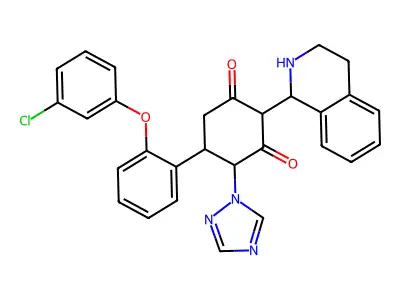 5-[2-(3-chlorophenoxy)phenyl]-2-(1,2,3,4-tetrahydro-1-isoquinolinyl)-4-(1H-1,2,4-triazol-1-yl)-1,3-cyclohexanedione structure