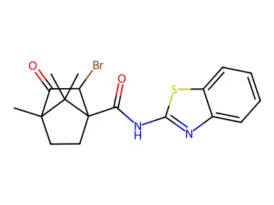 N-[(2E)-1,3-benzothiazol-2(3H)-ylidene]-2-bromo-4,7,7-trimethyl-3-oxobicyclo[2.2.1]heptane-1-carboxamide structure