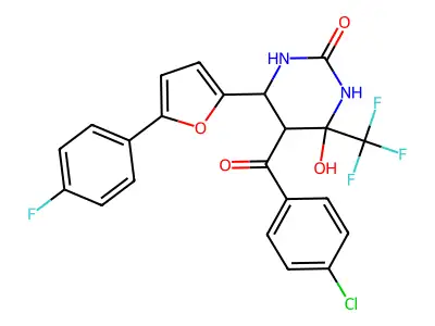 5-(4-chlorobenzoyl)-6-[5-(4-fluorophenyl)-2-furyl]-4-hydroxy-4-(trifluoromethyl)tetrahydropyrimidin-2(1H)-one structure