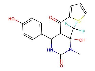 6-hydroxy-4-(4-hydroxyphenyl)-1-methyl-5-(thiophen-2-ylcarbonyl)-6-(trifluoromethyl)tetrahydropyrimidin-2(1H)-one structure