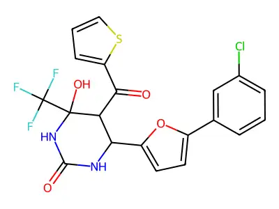 6-[5-(3-chlorophenyl)furan-2-yl]-4-hydroxy-5-(thiophene-2-carbonyl)-4-(trifluoromethyl)-1,3-diazinan-2-one structure