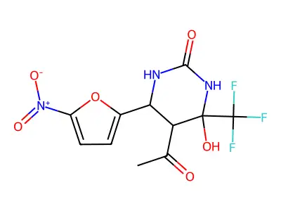 5-acetyl-4-hydroxy-6-(5-nitrofuran-2-yl)-4-(trifluoromethyl)tetrahydropyrimidin-2(1H)-one structure