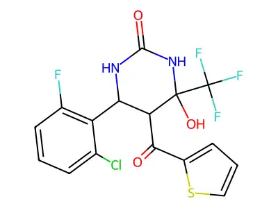 6-(2-chloro-6-fluorophenyl)-4-hydroxy-5-(thiophene-2-carbonyl)-4-(trifluoromethyl)-1,3-diazinan-2-one structure
