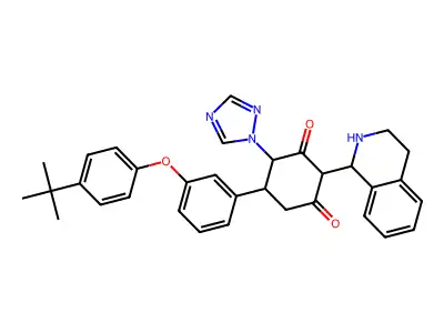 5-{3-[4-(tert-butyl)phenoxy]phenyl}-2-(1,2,3,4-tetrahydro-1-isoquinolinyl)-4-(1H-1,2,4-triazol-1-yl)-1,3-cyclohexanedione structure