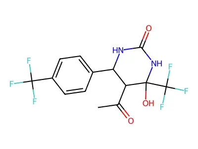 5-acetyl-4-hydroxy-4-(trifluoromethyl)-6-[4-(trifluoromethyl)phenyl]-1,3-diazinan-2-one structure