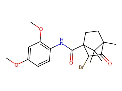 2-bromo-N-(2,4-dimethoxyphenyl)-4,7,7-trimethyl-3-oxobicyclo[2.2.1]heptane-1-carboxamide structure