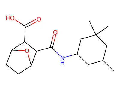 2-[(3,3,5-trimethylcyclohexyl)carbamoyl]-7-oxabicyclo[2.2.1]heptane-3-carboxylic acid structure