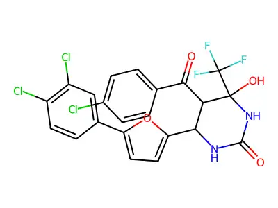 5-(4-chlorobenzoyl)-6-[5-(3,4-dichlorophenyl)-2-furyl]-4-hydroxy-4-(trifluoromethyl)tetrahydropyrimidin-2(1H)-one structure