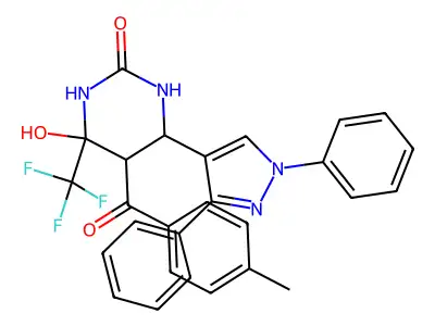 6-(1,3-diphenyl-1H-pyrazol-4-yl)-4-hydroxy-5-(4-methylbenzoyl)-4-(trifluoromethyl)tetrahydropyrimidin-2(1H)-one structure