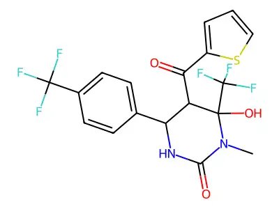 6-hydroxy-1-methyl-5-(thiophene-2-carbonyl)-6-(trifluoromethyl)-4-[4-(trifluoromethyl)phenyl]-1,3-diazinan-2-one structure