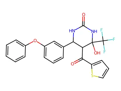 4-hydroxy-6-(3-phenoxyphenyl)-5-(thiophene-2-carbonyl)-4-(trifluoromethyl)-1,3-diazinan-2-one structure