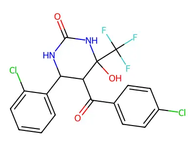 5-(4-chlorobenzoyl)-6-(2-chlorophenyl)-4-hydroxy-4-(trifluoromethyl)-1,3-diazinan-2-one structure