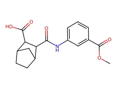 3-({[3-(methoxycarbonyl)phenyl]amino}carbonyl)bicyclo[2.2.1]heptane-2-carboxylic acid structure