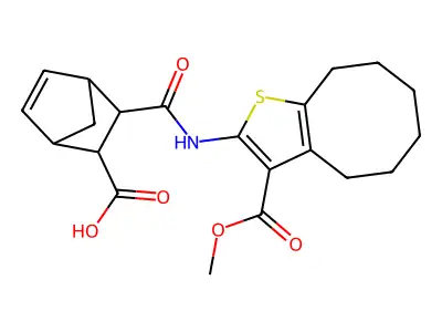 3-{[3-(methoxycarbonyl)-4,5,6,7,8,9-hexahydrocycloocta[b]thiophen-2-yl]carbamoyl}bicyclo[2.2.1]hept-5-ene-2-carboxylic acid structure
