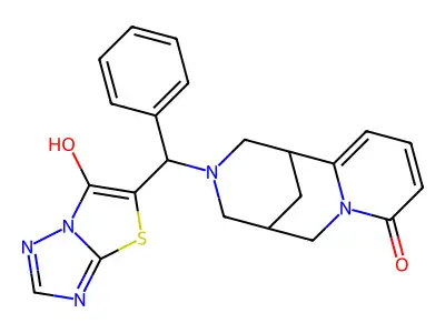 3-((6-hydroxythiazolo[3,2-b][1,2,4]triazol-5-yl)(phenyl)methyl)-3,4,5,6-tetrahydro-1H-1,5-methanopyrido[1,2-a][1,5]diazocin-8(2H)-one structure