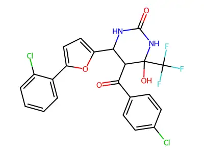 5-(4-chlorobenzoyl)-6-[5-(2-chlorophenyl)-2-furyl]-4-hydroxy-4-(trifluoromethyl)tetrahydropyrimidin-2(1H)-one structure