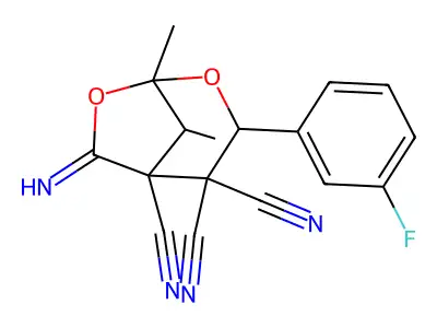 3-(3-fluorophenyl)-6-imino-1,8-dimethyl-2,7-dioxabicyclo[3.2.1]octane-4,4,5-tricarbonitrile structure