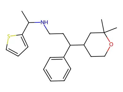 3-(2,2-dimethyloxan-4-yl)-3-phenyl-N-(1-thiophen-2-ylethyl)propan-1-amine structure