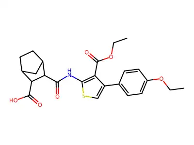 3-({[3-(ethoxycarbonyl)-4-(4-ethoxyphenyl)-2-thienyl]amino}carbonyl)bicyclo[2.2.1]heptane-2-carboxylic acid structure