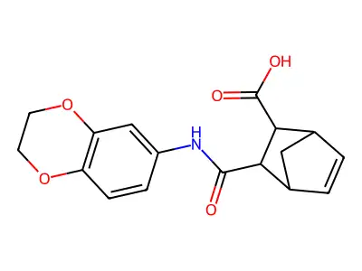3-[(2,3-dihydro-1,4-benzodioxin-6-ylamino)carbonyl]bicyclo[2.2.1]hept-5-ene-2-carboxylic acid structure