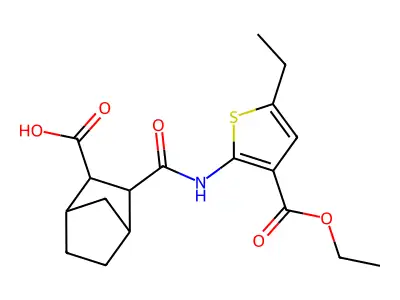 3-({[3-(ethoxycarbonyl)-5-ethyl-2-thienyl]amino}carbonyl)bicyclo[2.2.1]heptane-2-carboxylic acid structure