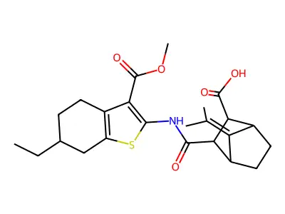 3-({[6-ethyl-3-(methoxycarbonyl)-4,5,6,7-tetrahydro-1-benzothien-2-yl]amino}carbonyl)-7-(1-methylethylidene)bicyclo[2.2.1]heptane-2-carboxylic acid structure