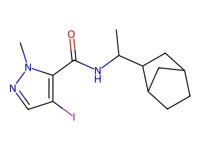 N-[1-(3-bicyclo[2.2.1]heptanyl)ethyl]-4-iodo-2-methylpyrazole-3-carboxamide structure