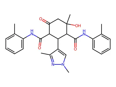2-(1,3-dimethylpyrazol-4-yl)-4-hydroxy-4-methyl-1-N,3-N-bis(2-methylphenyl)-6-oxocyclohexane-1,3-dicarboxamide structure