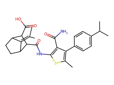 3-({[3-(aminocarbonyl)-4-(4-isopropylphenyl)-5-methyl-2-thienyl]amino}carbonyl)-7-(1-methylethylidene)bicyclo[2.2.1]heptane-2-carboxylic acid structure