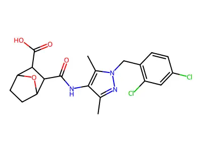 2-[[1-[(2,4-dichlorophenyl)methyl]-3,5-dimethylpyrazol-4-yl]carbamoyl]-7-oxabicyclo[2.2.1]heptane-3-carboxylic acid structure