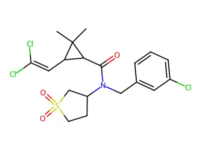 N-[(3-chlorophenyl)methyl]-3-(2,2-dichloroethenyl)-N-(1,1-dioxo-1lambda6-thiolan-3-yl)-2,2-dimethylcyclopropane-1-carboxamide structure