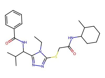 N-{1-[4-ethyl-5-({2-[(2-methylcyclohexyl)amino]-2-oxoethyl}sulfanyl)-4H-1,2,4-triazol-3-yl]-2-methylpropyl}benzamide structure