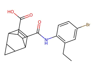 7-[(4-bromo-2-ethylanilino)carbonyl]tricyclo[3.2.2.0~2,4~]non-8-ene-6-carboxylic acid structure