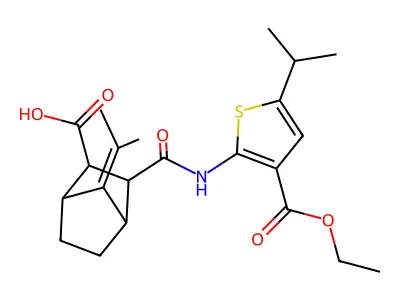 3-({[3-(ethoxycarbonyl)-5-isopropyl-2-thienyl]amino}carbonyl)-7-(1-methylethylidene)bicyclo[2.2.1]heptane-2-carboxylic acid structure