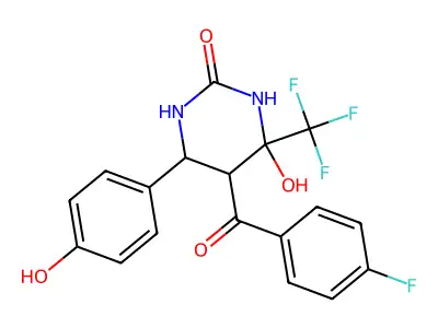 5-(4-fluorobenzoyl)-4-hydroxy-6-(4-hydroxyphenyl)-4-(trifluoromethyl)-1,3-diazinan-2-one structure