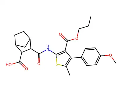 3-((4-(4-methoxyphenyl)-5-methyl-3-(propoxycarbonyl)thiophen-2-yl)carbamoyl)bicyclo[2.2.1]heptane-2-carboxylic acid structure