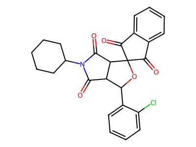 3-(2-chlorophenyl)-5-cyclohexyl-3a,6a-dihydrospiro[furo[3,4-c]pyrrole-1,2'-indene]-1',3',4,6(3H,5H)-tetrone structure