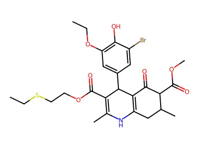 3-[2-(ethylsulfanyl)ethyl] 6-methyl 4-(3-bromo-5-ethoxy-4-hydroxyphenyl)-2,7-dimethyl-5-oxo-1,4,5,6,7,8-hexahydroquinoline-3,6-dicarboxylate structure