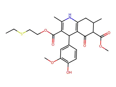 3-[2-(ethylsulfanyl)ethyl] 6-methyl 4-(4-hydroxy-3-methoxyphenyl)-2,7-dimethyl-5-oxo-1,4,5,6,7,8-hexahydroquinoline-3,6-dicarboxylate structure