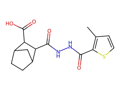 3-({2-[(3-methyl-2-thienyl)carbonyl]hydrazino}carbonyl)bicyclo[2.2.1]heptane-2-carboxylic acid structure