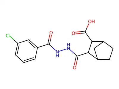 3-{[2-(3-chlorobenzoyl)hydrazino]carbonyl}bicyclo[2.2.1]heptane-2-carboxylic acid structure
