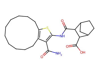3-[(3-carbamoyl-4,5,6,7,8,9,10,11,12,13-decahydrocyclododeca[b]thiophen-2-yl)carbamoyl]bicyclo[2.2.1]heptane-2-carboxylic acid structure