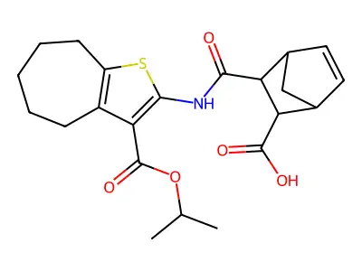 3-({3-[(propan-2-yloxy)carbonyl]-5,6,7,8-tetrahydro-4H-cyclohepta[b]thiophen-2-yl}carbamoyl)bicyclo[2.2.1]hept-5-ene-2-carboxylic acid structure