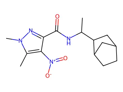 N-[1-(3-bicyclo[2.2.1]heptanyl)ethyl]-1,5-dimethyl-4-nitropyrazole-3-carboxamide structure