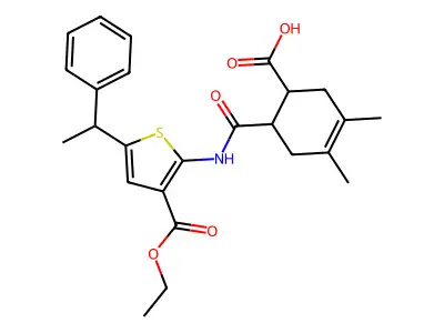6-{[3-(ethoxycarbonyl)-5-(1-phenylethyl)thiophen-2-yl]carbamoyl}-3,4-dimethylcyclohex-3-ene-1-carboxylic acid structure
