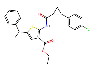 ethyl 2-({[2-(4-chlorophenyl)cyclopropyl]carbonyl}amino)-5-(1-phenylethyl)-3-thiophenecarboxylate structure