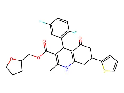 (tetrahydrofuran-2-yl)methyl 4-(2,5-difluorophenyl)-2-methyl-5-oxo-7-(thiophen-2-yl)-1,4,5,6,7,8-hexahydroquinoline-3-carboxylate structure