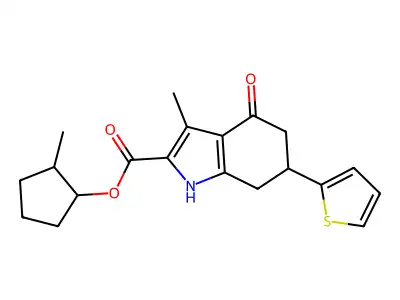 2-methylcyclopentyl 3-methyl-4-oxo-6-(thiophen-2-yl)-4,5,6,7-tetrahydro-1H-indole-2-carboxylate structure