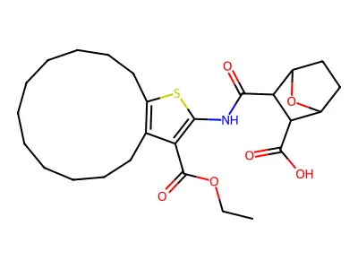 3-((3-(Ethoxycarbonyl)-5,6,7,8,9,10,11,12,13,14-decahydro-4H-cyclotrideca[b]thiophen-2-yl)carbamoyl)-7-oxabicyclo[2.2.1]heptane-2-carboxylic acid structure