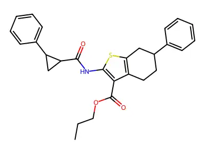 propyl 6-phenyl-2-{[(2-phenylcyclopropyl)carbonyl]amino}-4,5,6,7-tetrahydro-1-benzothiophene-3-carboxylate structure